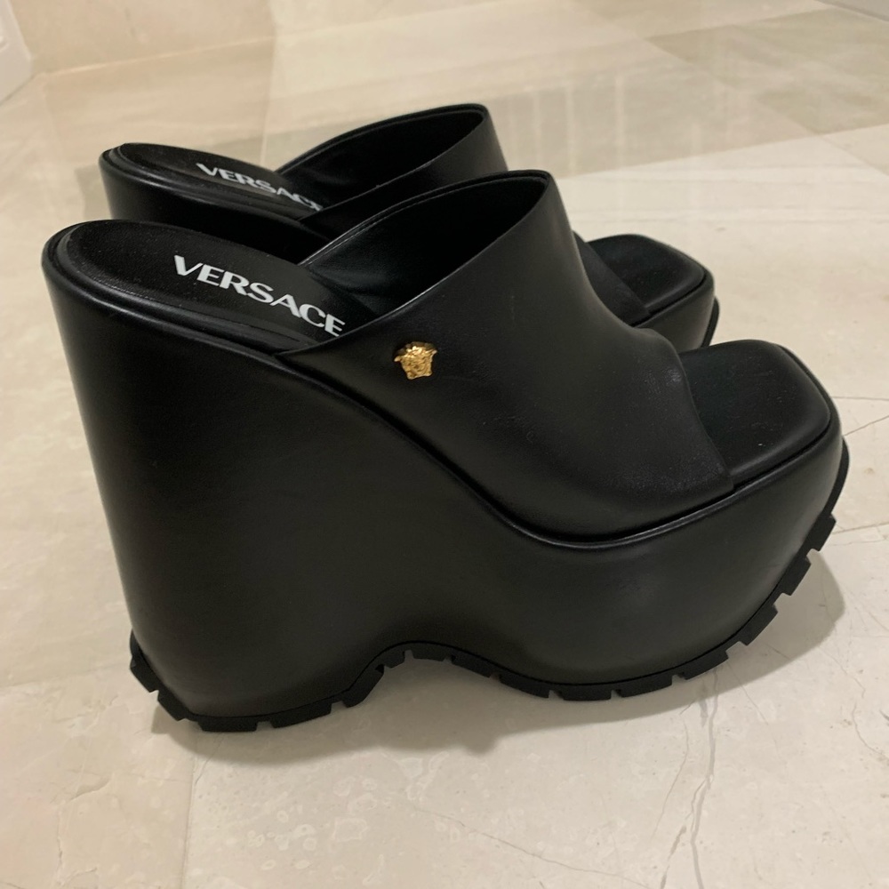 Versace Black Leather Platform Wedge Mules with Gold Medusa Accent